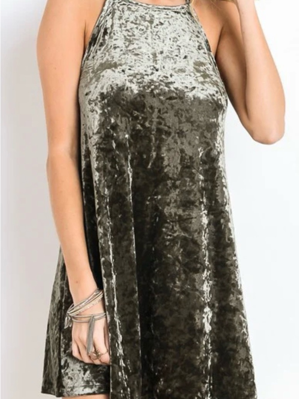 #25 Wishlist Olive Velvet Strapless Halter Dress